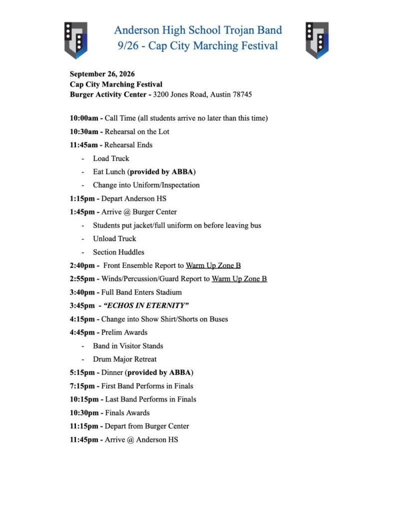 Cap City Marching Festival Itinerary